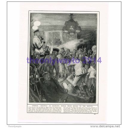 Royal Irish Rifles Rescue Villagers from German Kultur, WW1, Book Illustration