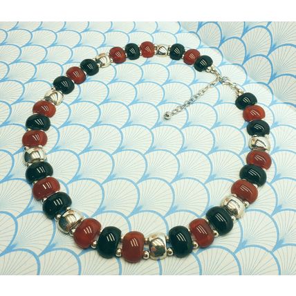 Vintage Chunky 925 Sterling Silver Onyx & Carnelian Statement Necklace with Box
