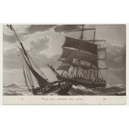 Trois mats prenant son pilote 3 mast ship Art painting early 20th C. PC LL 15