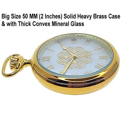14K Gold Plated Men Big Heavy Brass Pocket Watch White MOP Dial + MOP Stone