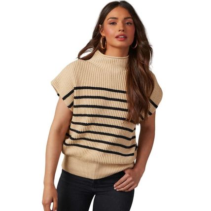 Parchment Striped Ribbed Knit High Neck Sweater