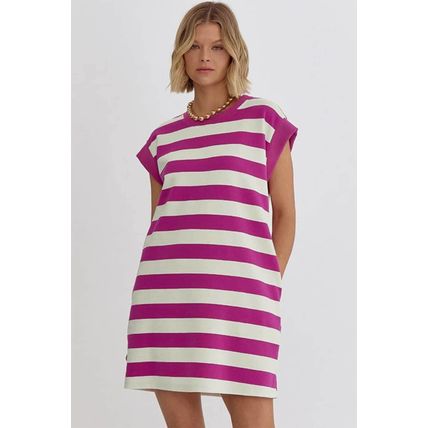 Rose Stripe Cap Sleeve Pocketed Shift T-shirt Dress