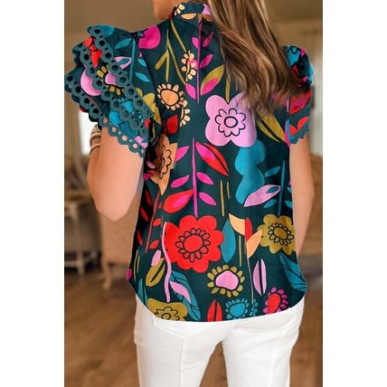 Green Trimmed Ruffle Sleeve Summer Floral Blouse