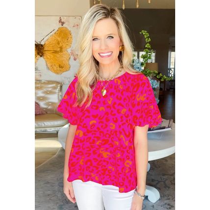 Rose Leopard Printed Puff Sleeve Top