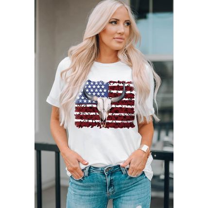 White Bull Skull American Flag Graphic Tee