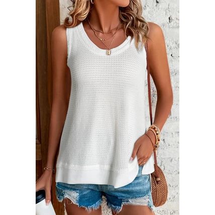 White Scoop Neck Waffle Knit Flowy Vest