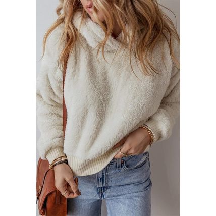 White Contrast Ribbed Edge Plush Hoodie