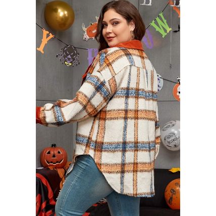 Brown Stripe Plus Size Plaid Print Collared Buttoned Jacket