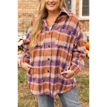 Multicolour Plus Size Plaid Print Collared Button up Jacket