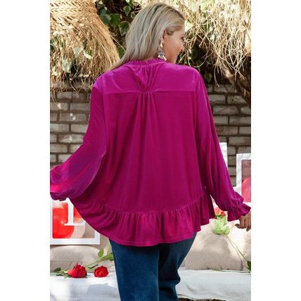 Bright Pink Plus Size Ruffled Sleeve V Neck Velvet Blouse