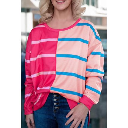 Rose Stripe Color Block Crewneck Long Sleeve Plus Size T Shirt