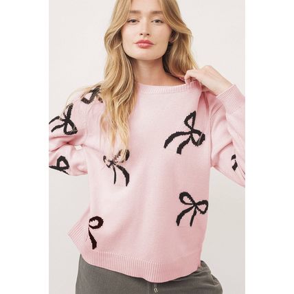 Light Pink Bow Pattern Knitted Loose Fit Sweater