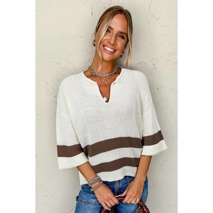 Brown Striped Accent Notched V Neck Cropped Sweater T Shirt