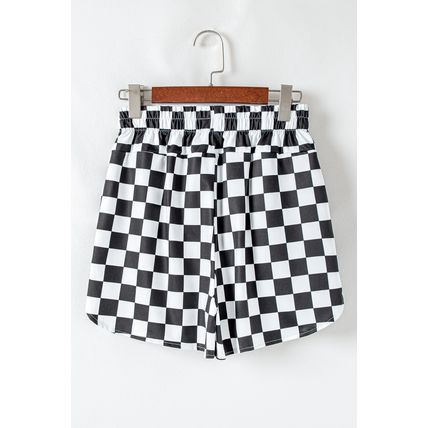 Black Checkered Print High Waist Casual Shorts