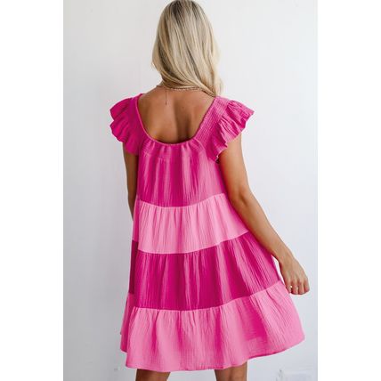 Pink Crinkled Colorblock Patchwork Flutter Tiered Mini Dress