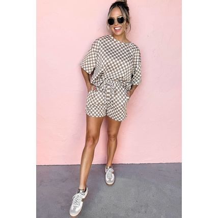 Brown Checkered Top and Short Casual 2pcs Set