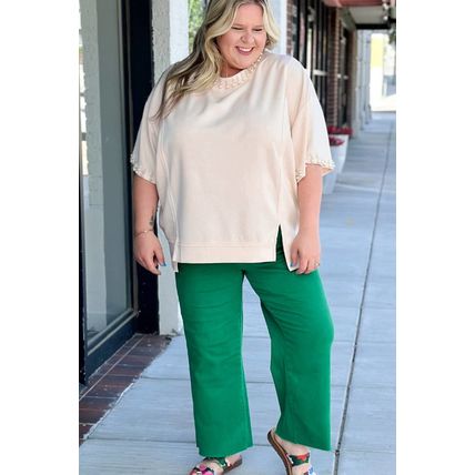 Beige Pearl Decor Crew Neck Half Sleeve Plus Size T Shirt