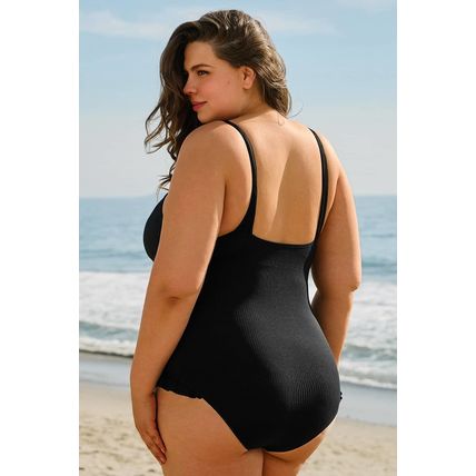 Black Plus Size Textured Knotted Ruffled Trim One Piece Swimwear