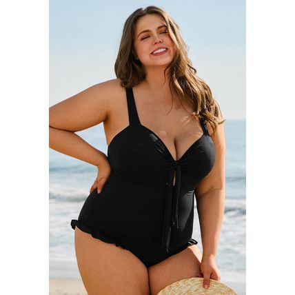 Black Plus Size Textured Knotted Ruffled Trim One Piece Swimwear