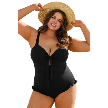 Black Plus Size Textured Knotted Ruffled Trim One Piece Swimwear