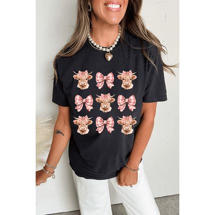 Black Cow with Bow Graphic Crewneck Western Tee