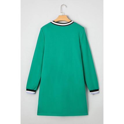 Mint Green Varsity Contrast Striped V Neck Long Sleeve T Shirt Dress with Pocket