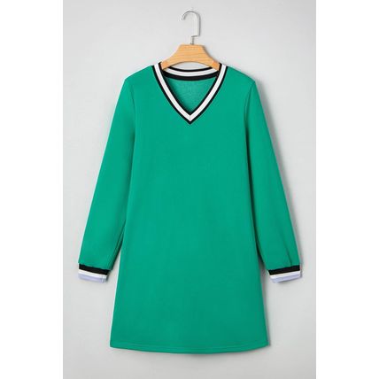 Mint Green Varsity Contrast Striped V Neck Long Sleeve T Shirt Dress with Pocket