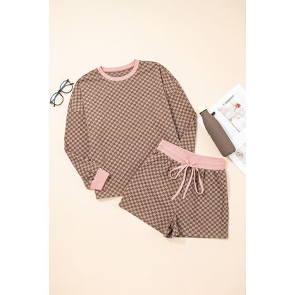 Brown Checkerboard Long Sleeve Pullover and Shorts Set