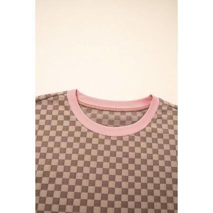 Brown Checkerboard Long Sleeve Pullover and Shorts Set