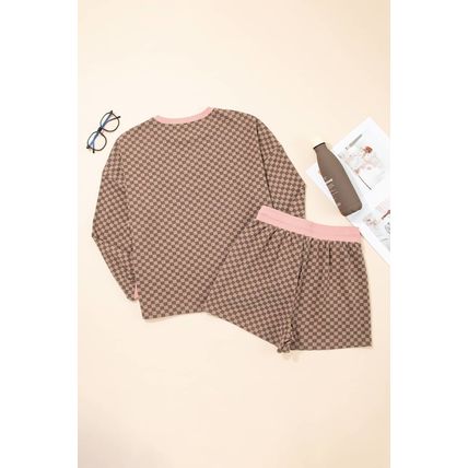 Brown Checkerboard Long Sleeve Pullover and Shorts Set