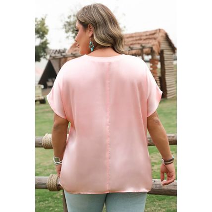 Pink Metallic Gloss Short Batwing Sleeve Plus Size Top