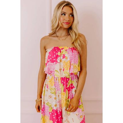 Multicolour Floral Print Ruffled High Waist Tube Top Loose Jumpsuit