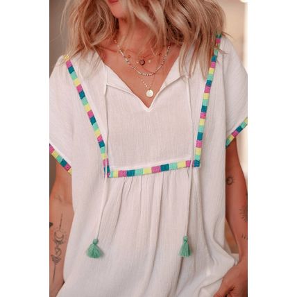 White Colorful Fringed Detail Tassel Tie Neck Short Sleeve Blouse
