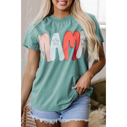 Sea Green MAMA Printed Mineral Wash Crewneck T Shirt