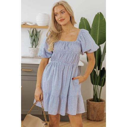 Sky Blue Stripe Bubble Sleeve Square Neck Ruched Pocketed Babydoll Dress