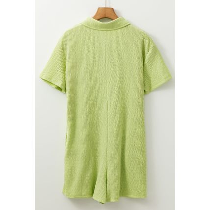 Meadow Mist Green Textured Short Sleeve Patched Pocket Buttoned Shirt Romper