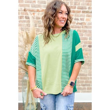 Green Stripe Patchwork Colorblock Plus Size T Shirt