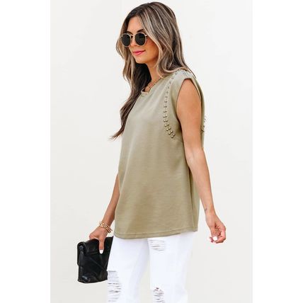 Sage Green Studded Cap Sleeve Round Neck T Shirt