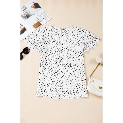 White Dalmatian Print Layered Ruffled Short Sleeve Blouse
