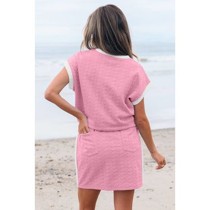 Pink Contrast Trim Textured Crewneck Tee and Pocketed Skirt Set