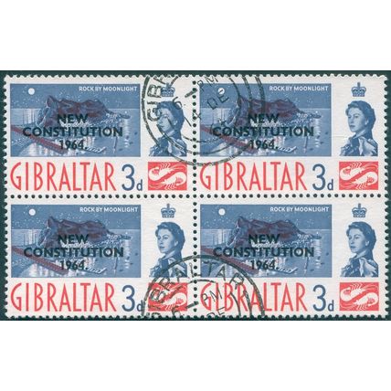 Gibraltar 1964 3d. deep blue & red-orange New Constitution SG178 used block x4