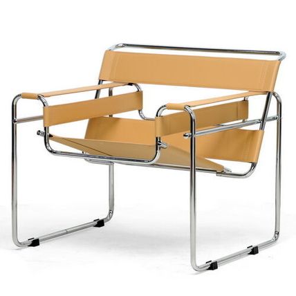 2x Chromed Steel Tube Frame Chairs with Light Brown Tan Camel Leather Straps