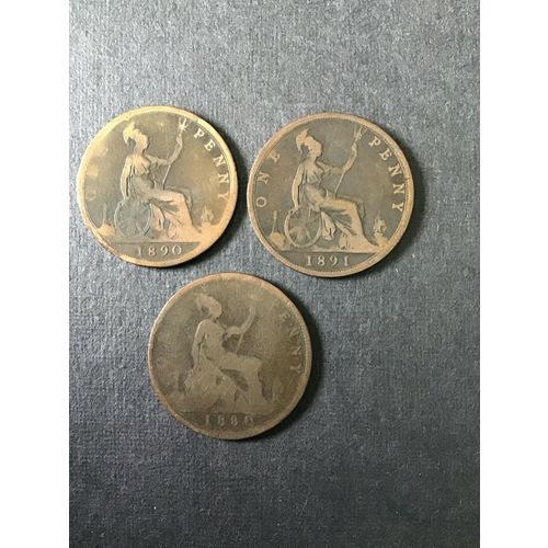 QUEEN VICTORIA PENNIES 1880,1890,1891 WORN CLEAR DATES FREE POST.