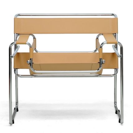 2x Chromed Steel Tube Frame Chairs with Light Brown Tan Camel Leather Straps