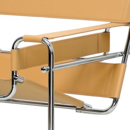 2x Chromed Steel Tube Frame Chairs with Light Brown Tan Camel Leather Straps