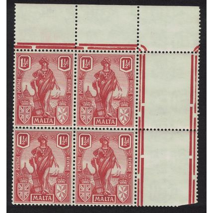 Malta Allegory 1½d. - red Corner Block of 4 1922 MNH SG#127