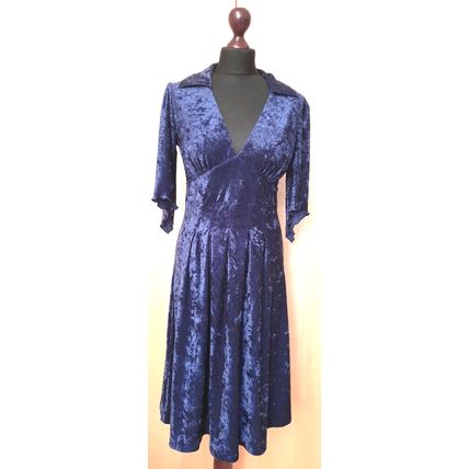 Blue Velvet Dress Fit ad Flare V-neck Sample Size 12 UK