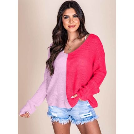 Pink Long Sleeve V-Neck Colorblock Sweater
