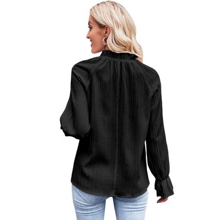 Black Frilled Mock Neck Ripple Bubble Sleeve Blouse