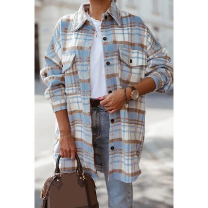 Sky Blue Plaid Flap Pocket Long Sleeve Shacket